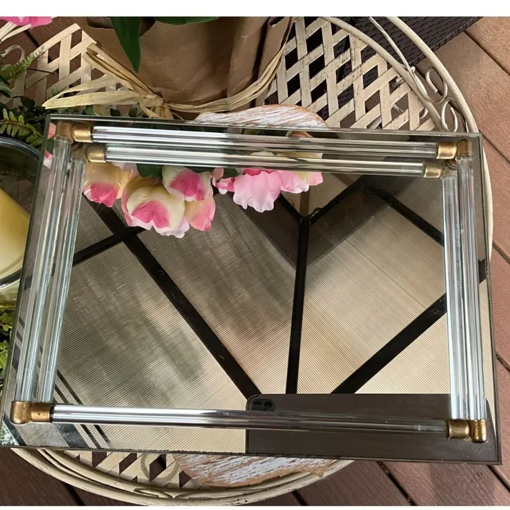 Vintage vanity mirror tray with clear glass tubes Hollywood Regency MCM